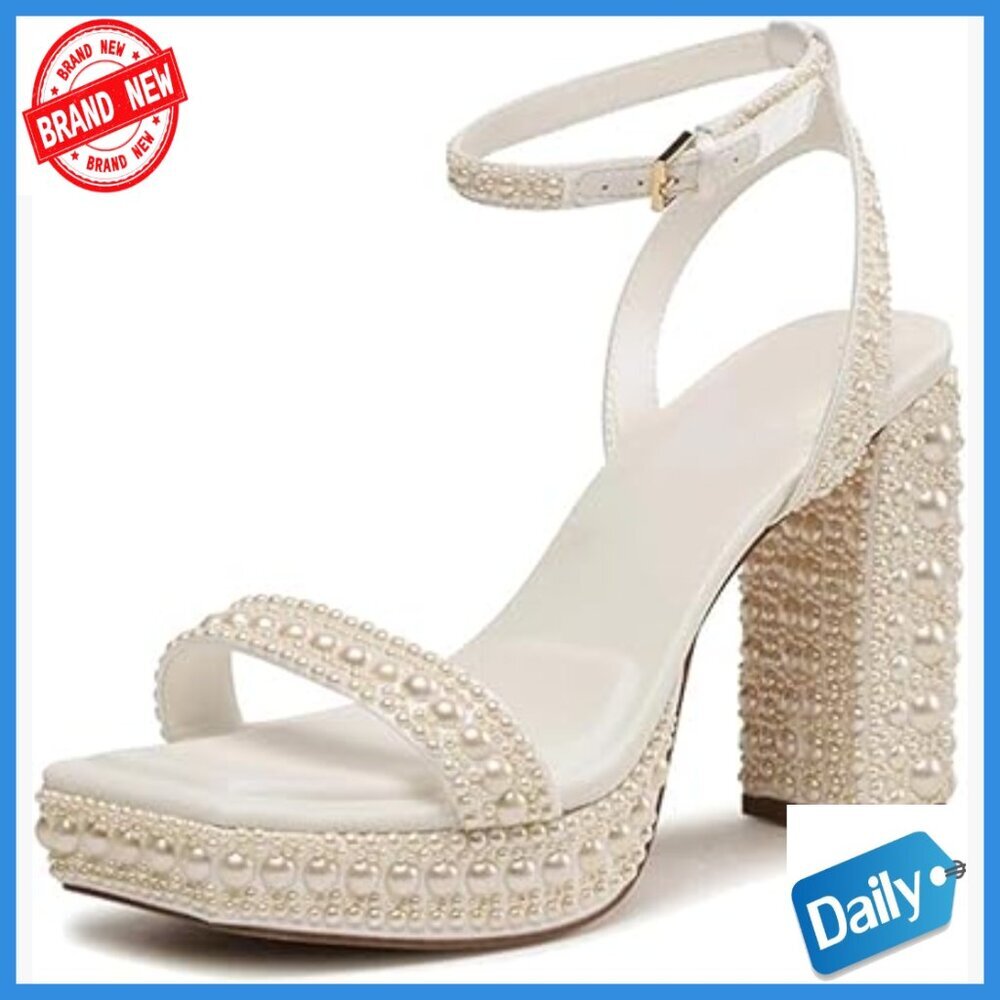 White Pearl Platform Heels with Ankle Strap for Wedding or Formal Events